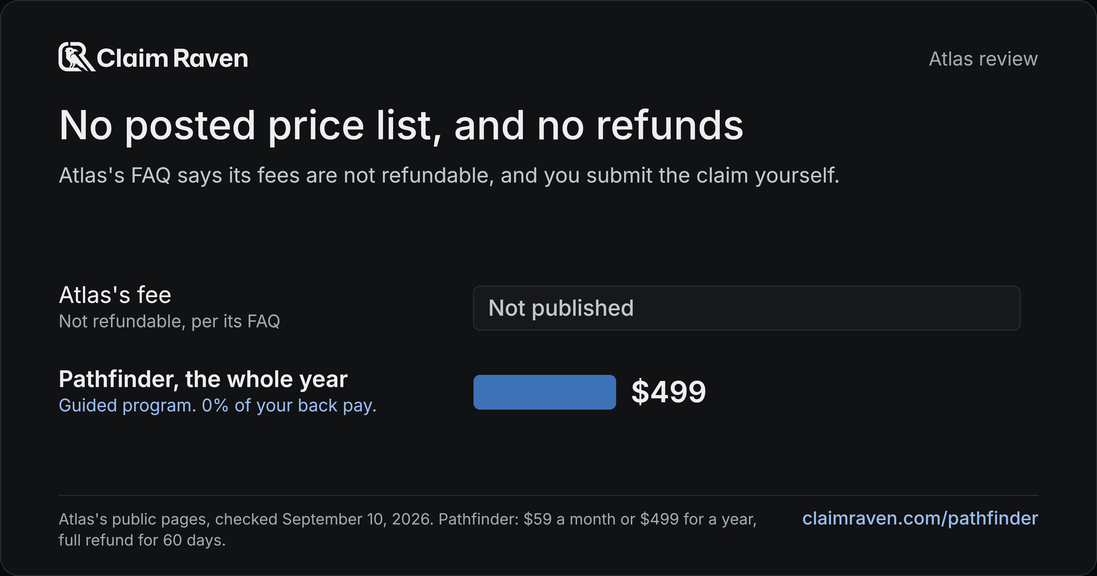 No posted price list, and no refunds. Atlas's fee: Not published; Pathfinder, the whole year: $499.