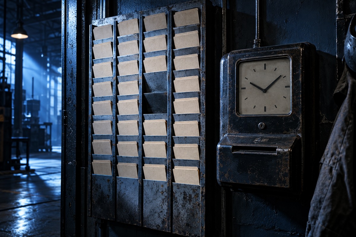 A factory time-card rack under hard blue light, with empty slots where time cards should be