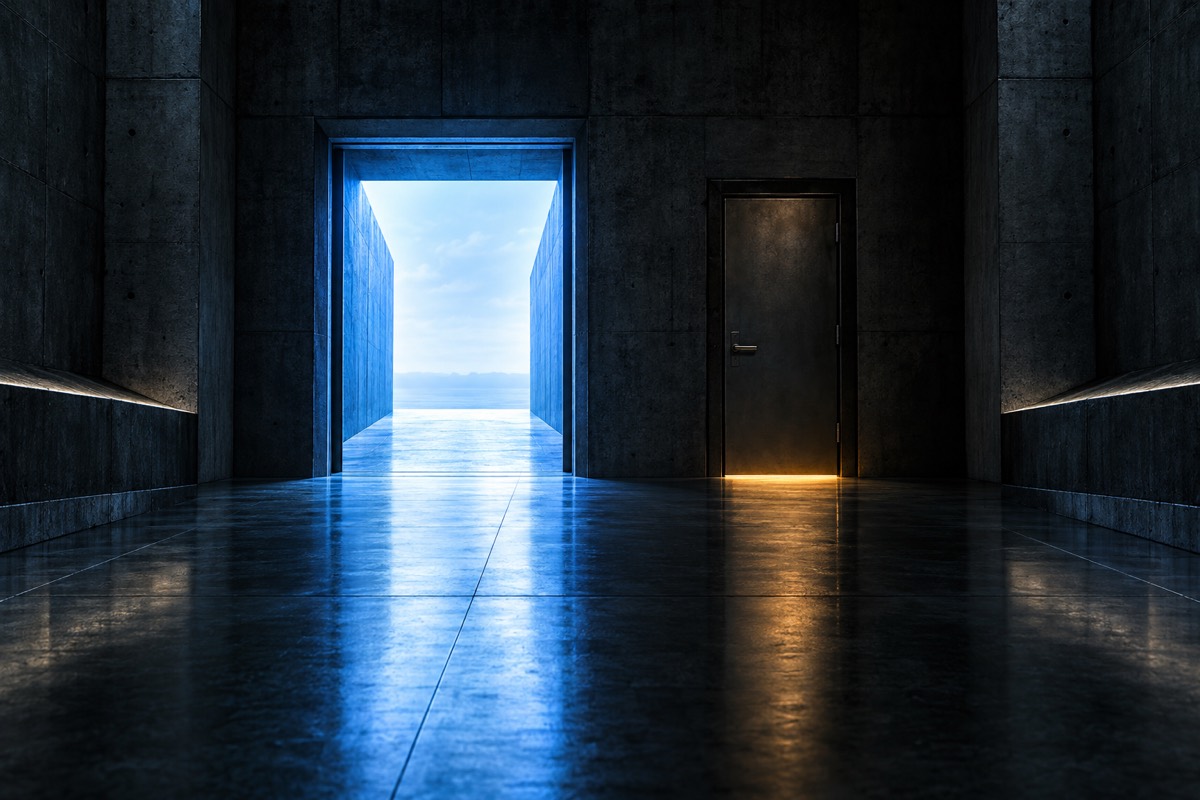Two doorways in a dark concrete hall, one wide and brightly lit, one narrow and dim