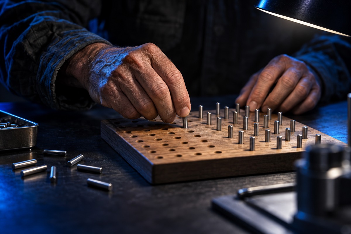Hands placing small metal pins into a pegboard during a dexterity test, lit by a hard work lamp
