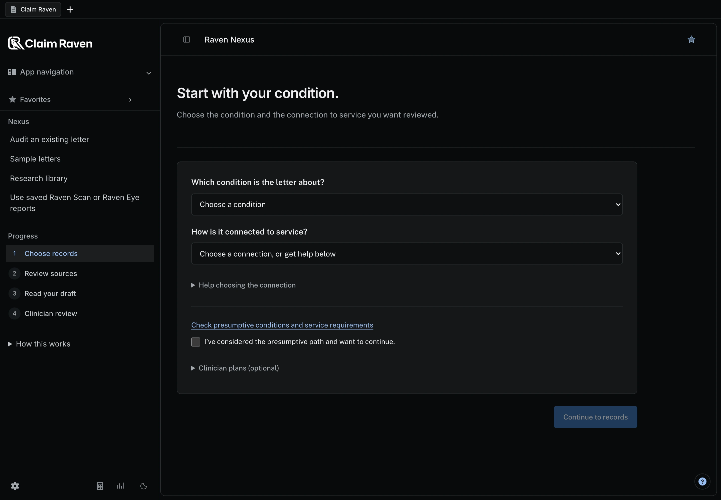 Raven Nexus in Claim Raven with a sample account, dark mode.