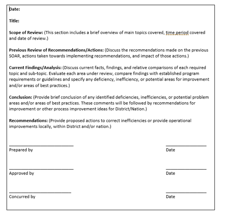 Original VA required SOAR report format, including scope, findings, conclusions, recommendations and approval fields.