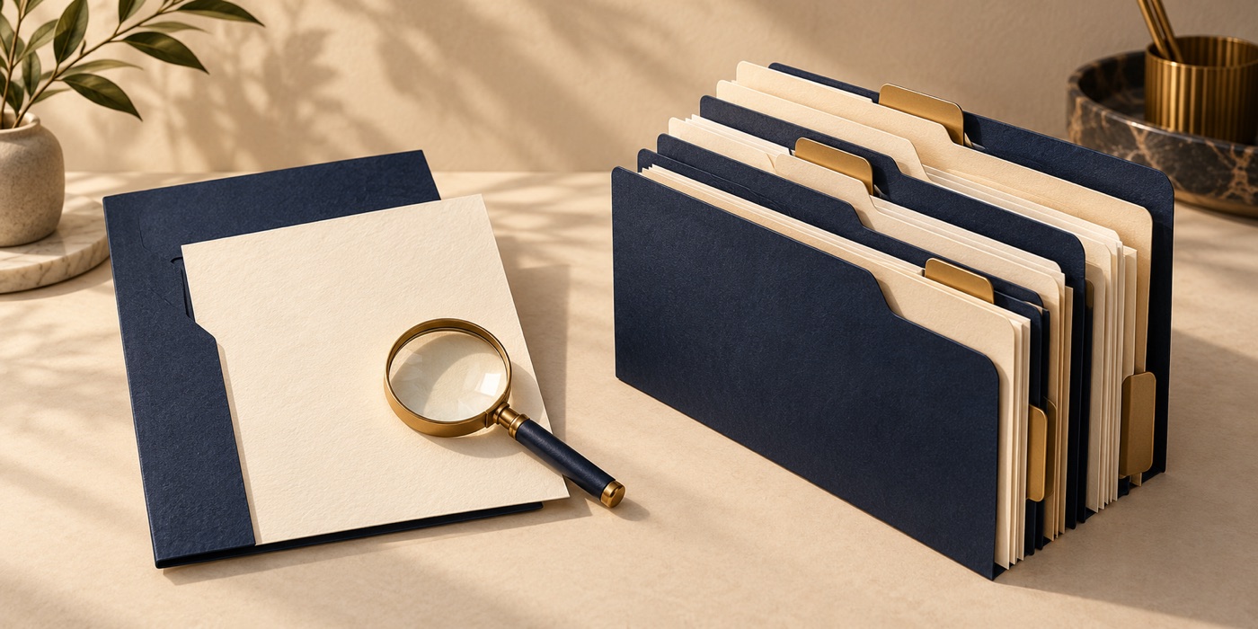 A single paper under a magnifying glass beside a complete set of folders, comparing a focused legal review with full representation.